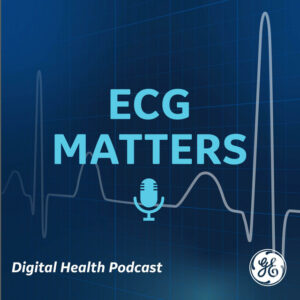 Podcast cover for ECG Matters, featuring the title in blue text over an ECG waveform graphic, a microphone icon, and the GE Healthcare logo.