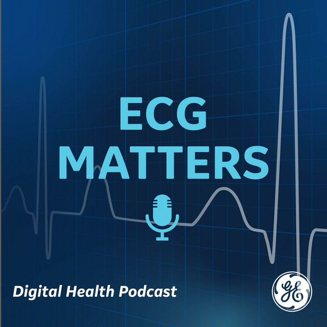 Podcast cover for ECG Matters, featuring the title in blue text over an ECG waveform graphic, a microphone icon, and the GE Healthcare logo.