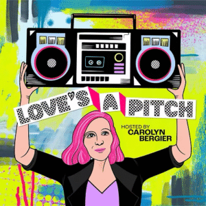 Colorful illustrated podcast cover for Love’s A Pitch, featuring a cartoon person with bright pink hair holding a large boombox above their head, set against a neon abstract background with the show title in bold patterned lettering.