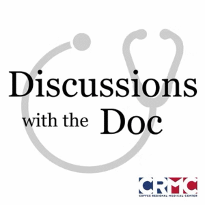 Podcast cover for Discussions with the Doc, featuring black text over a faint stethoscope illustration and the Coffee Regional Medical Center logo.