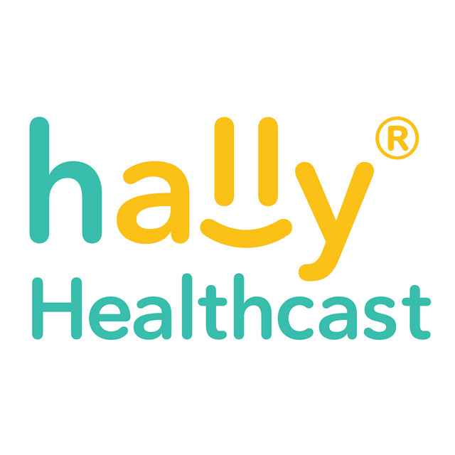 Podcast cover for Hally Healthcast, featuring the word “hally” in teal and yellow with a smile-shaped logo, and “Healthcast” below in teal text.