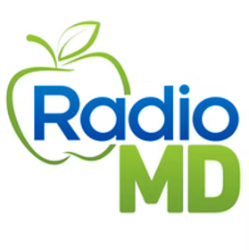 Logo for RadioMD featuring a green apple outline with the word “Radio” in blue and “MD” in green.