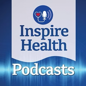 Podcast cover for The Inspire Health Podcast, featuring the title in blue text, a heart and microphone icon, and a blue audio-wave background.